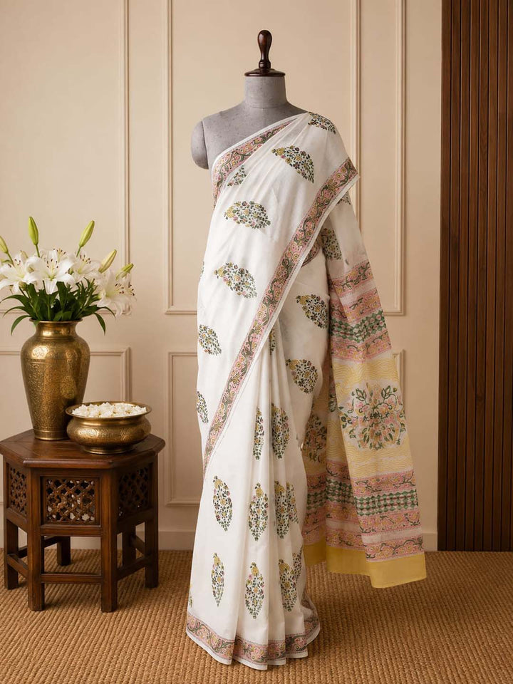 White and Peach Floral Hand Block Print Cotton Saree