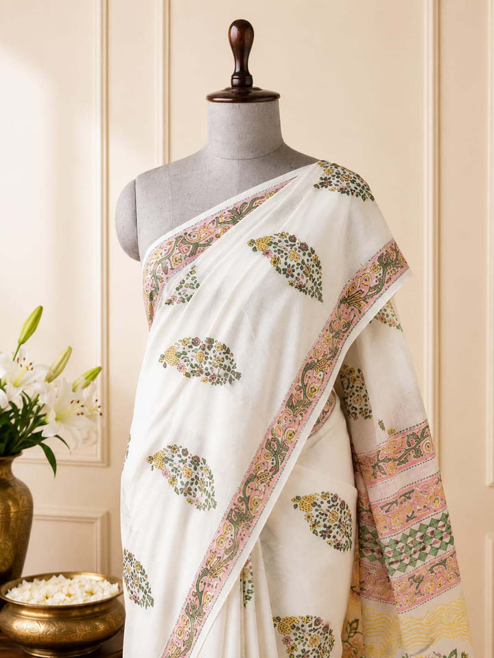 White and Peach Floral Hand Block Print Cotton Saree