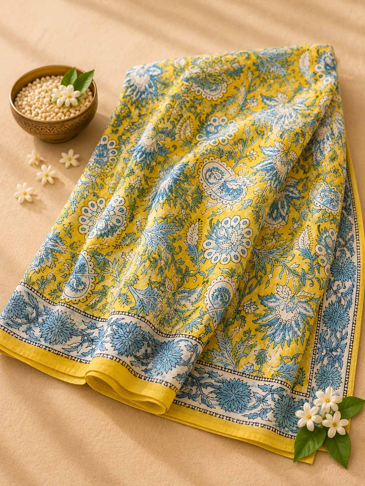 Yellow And Blue and Floral Hand Block Print Cotton Saree