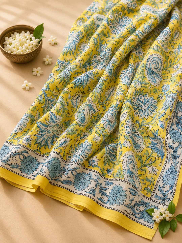 Yellow And Blue and Floral Hand Block Print Cotton Saree