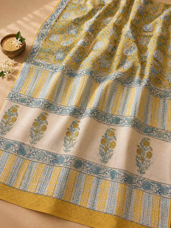 Yellow And Blue and Floral Hand Block Print Cotton Saree