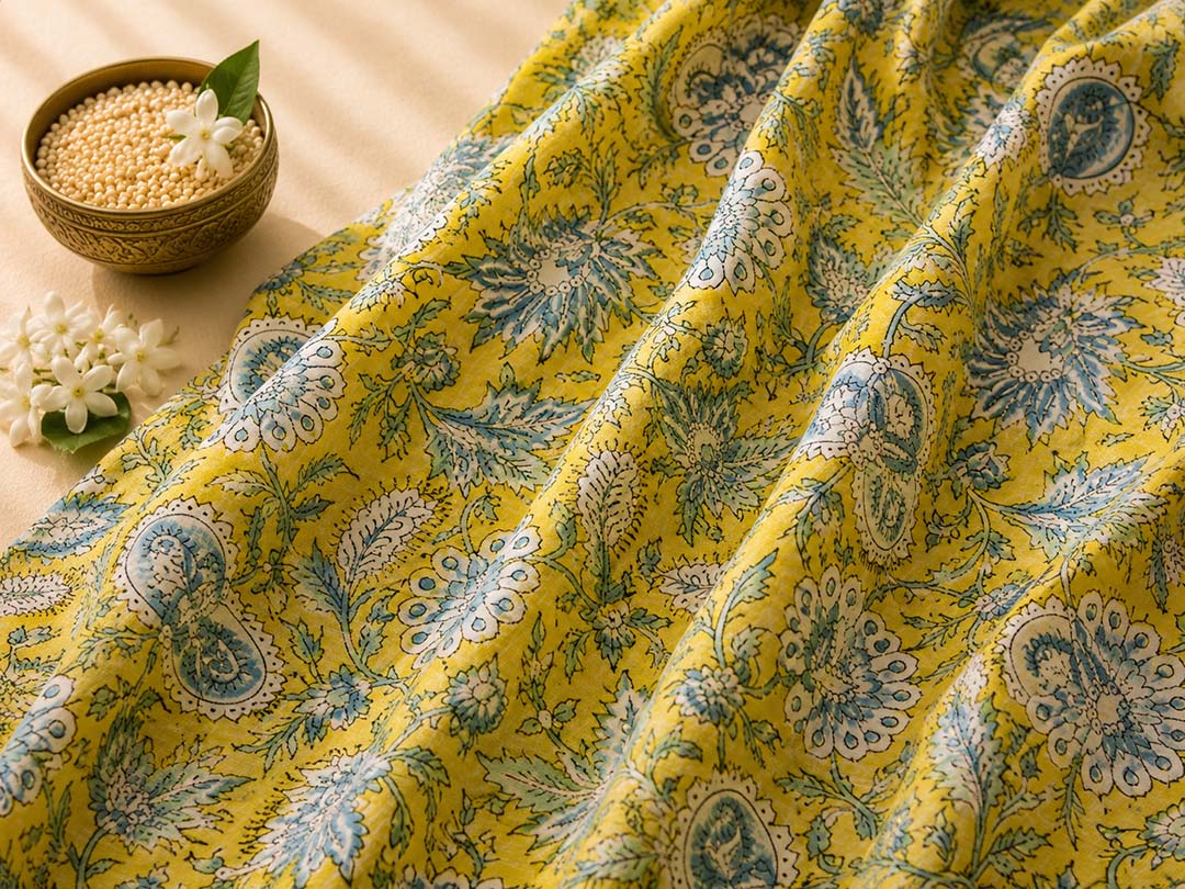 Yellow And Blue and Floral Hand Block Print Cotton Saree