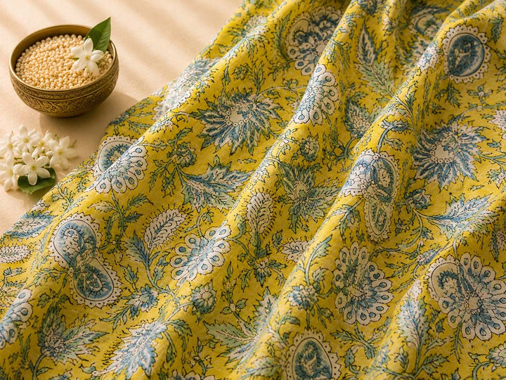 Yellow And Blue and Floral Hand Block Print Cotton Saree