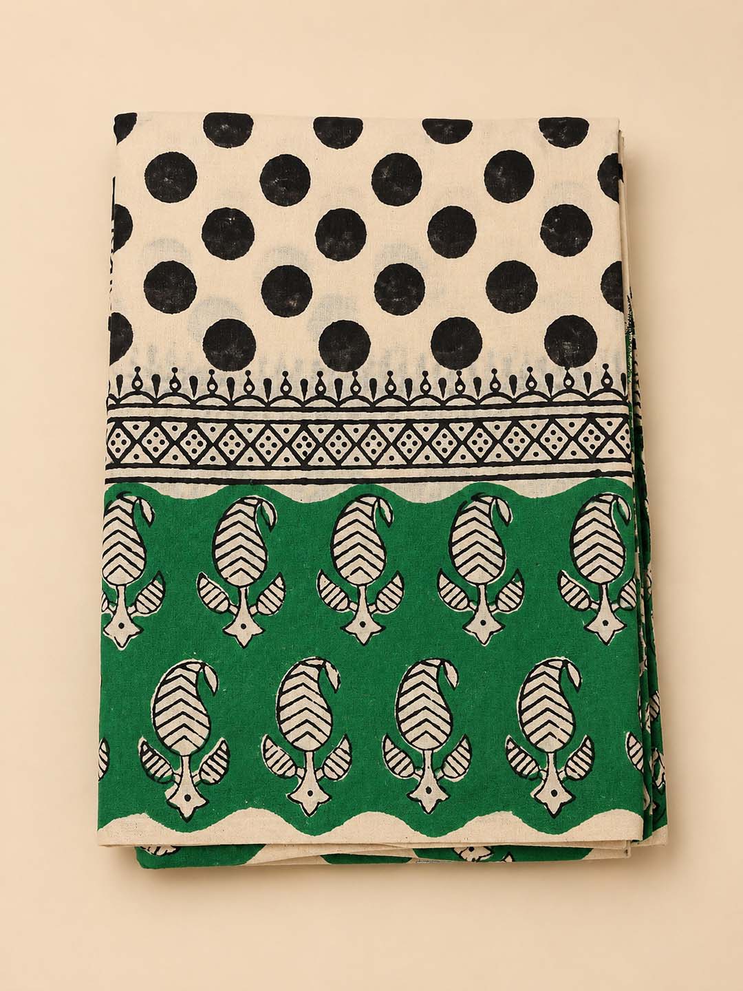 Offwhite And Black Polki Dots Hand Block Print Cotton Saree