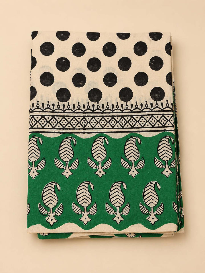 Offwhite And Black Polki Dots Hand Block Print Cotton Saree