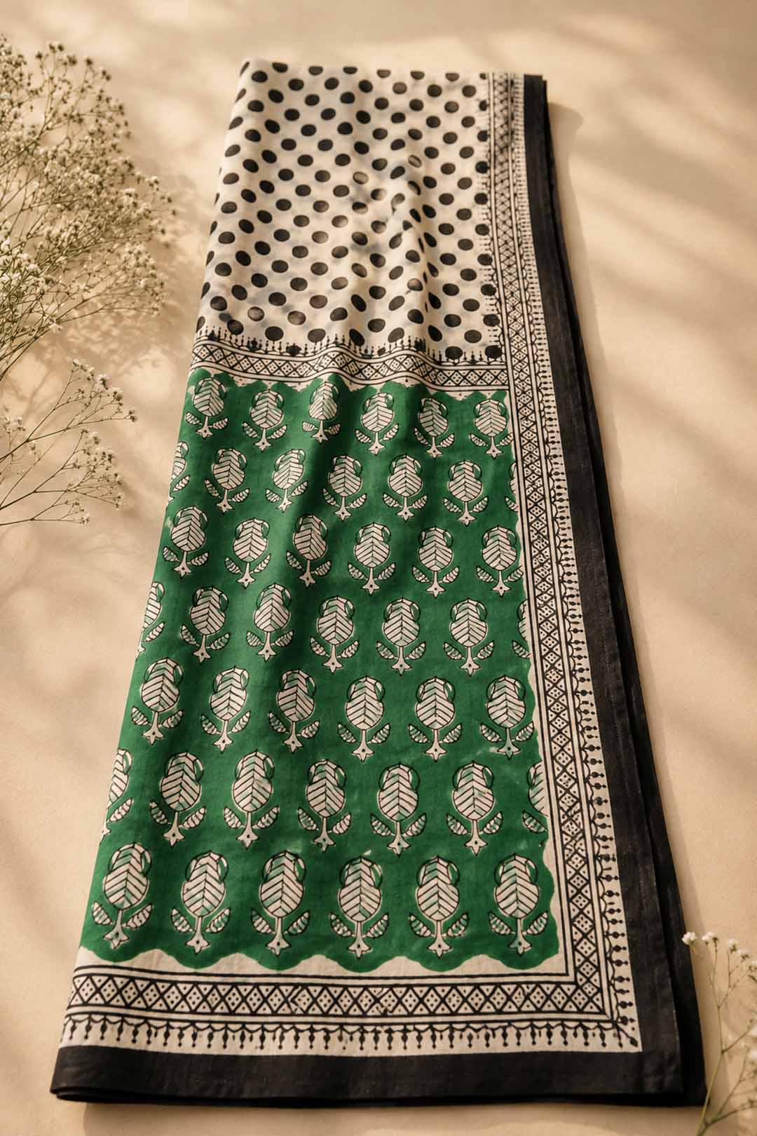 Offwhite And Black Polki Dots Hand Block Print Cotton Saree