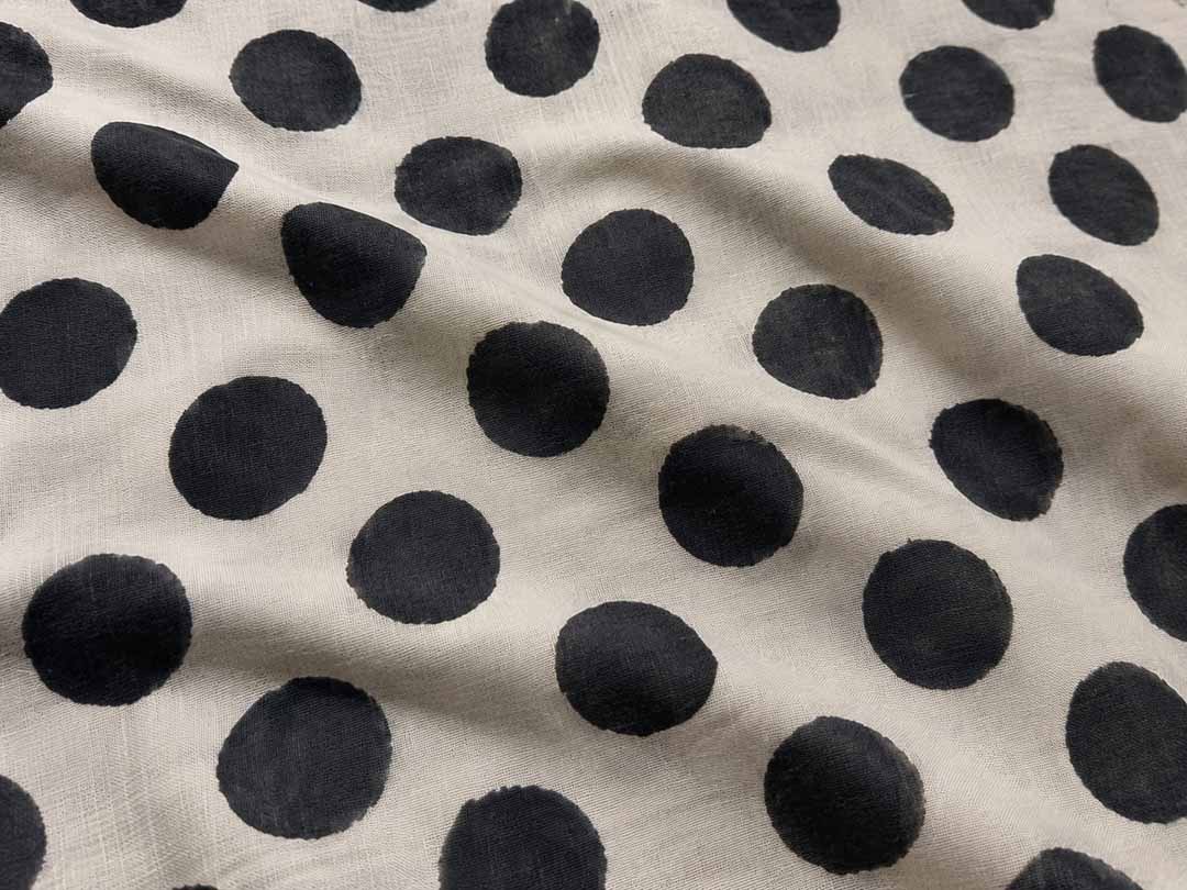 Offwhite And Black Polki Dots Hand Block Print Cotton Saree