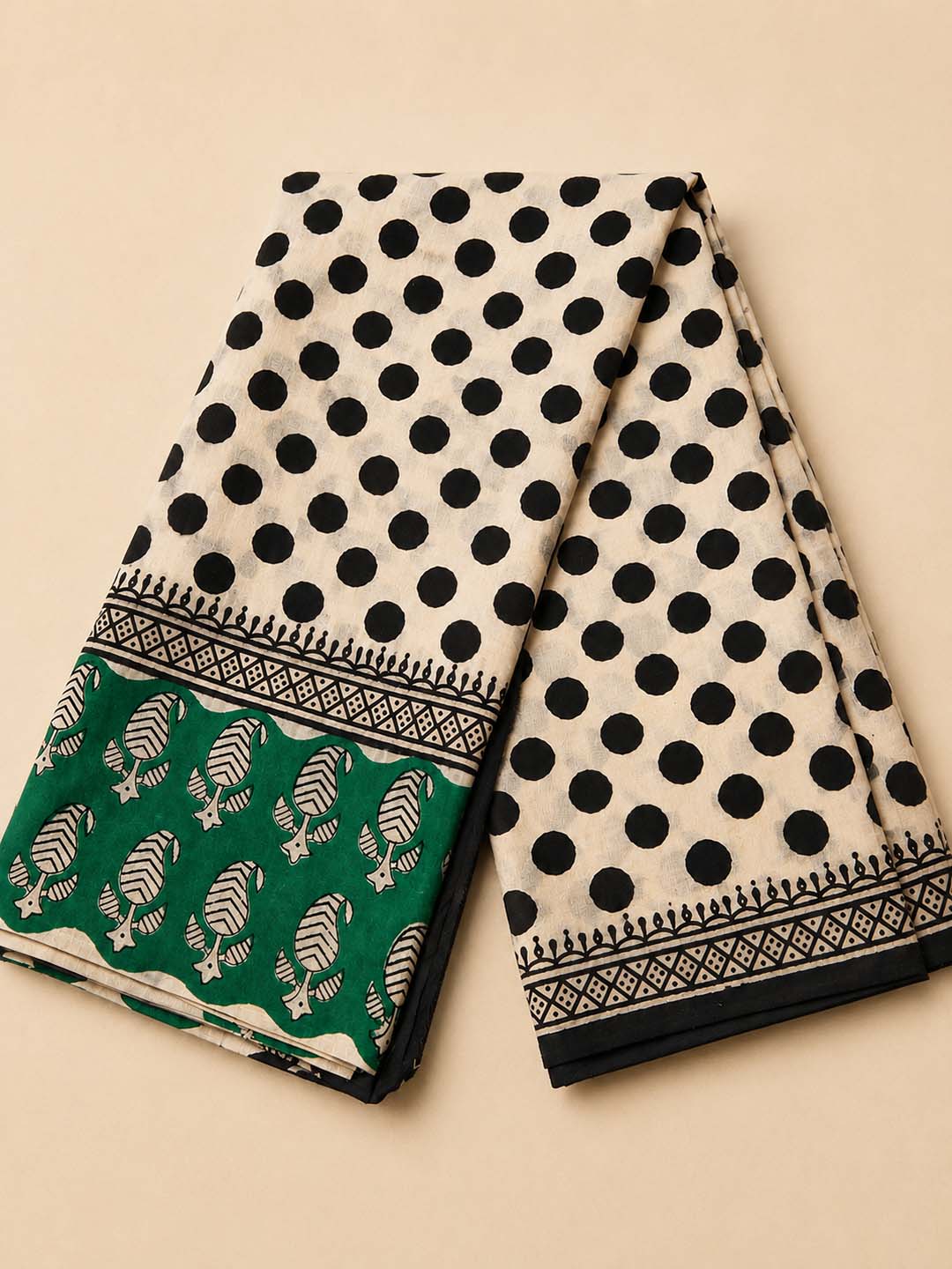 Offwhite And Black Polki Dots Hand Block Print Cotton Saree