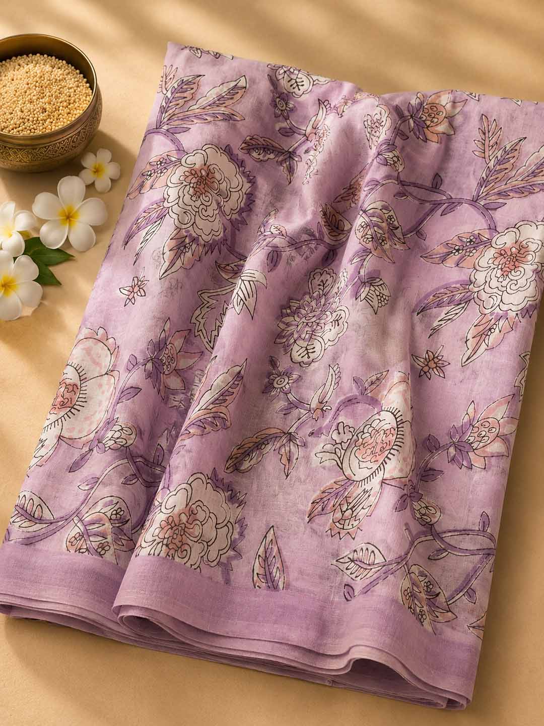 Lavender And Floral Black Hand Block Print Cotton Saree
