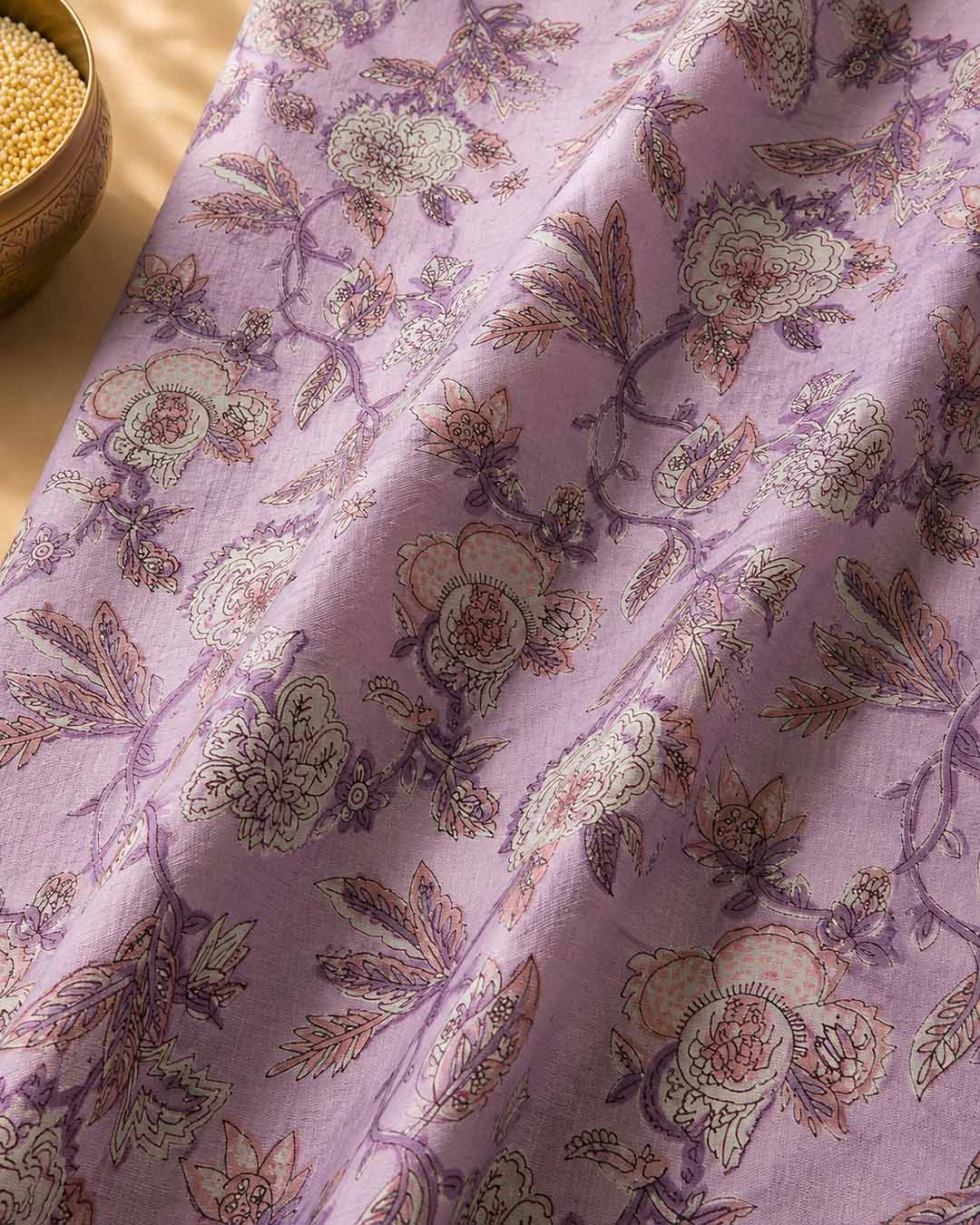 Lavender And Floral Black Hand Block Print Cotton Saree