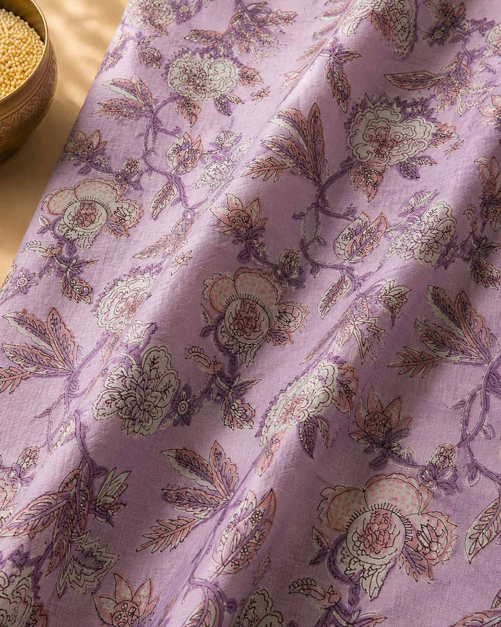 Lavender And Floral Black Hand Block Print Cotton Saree