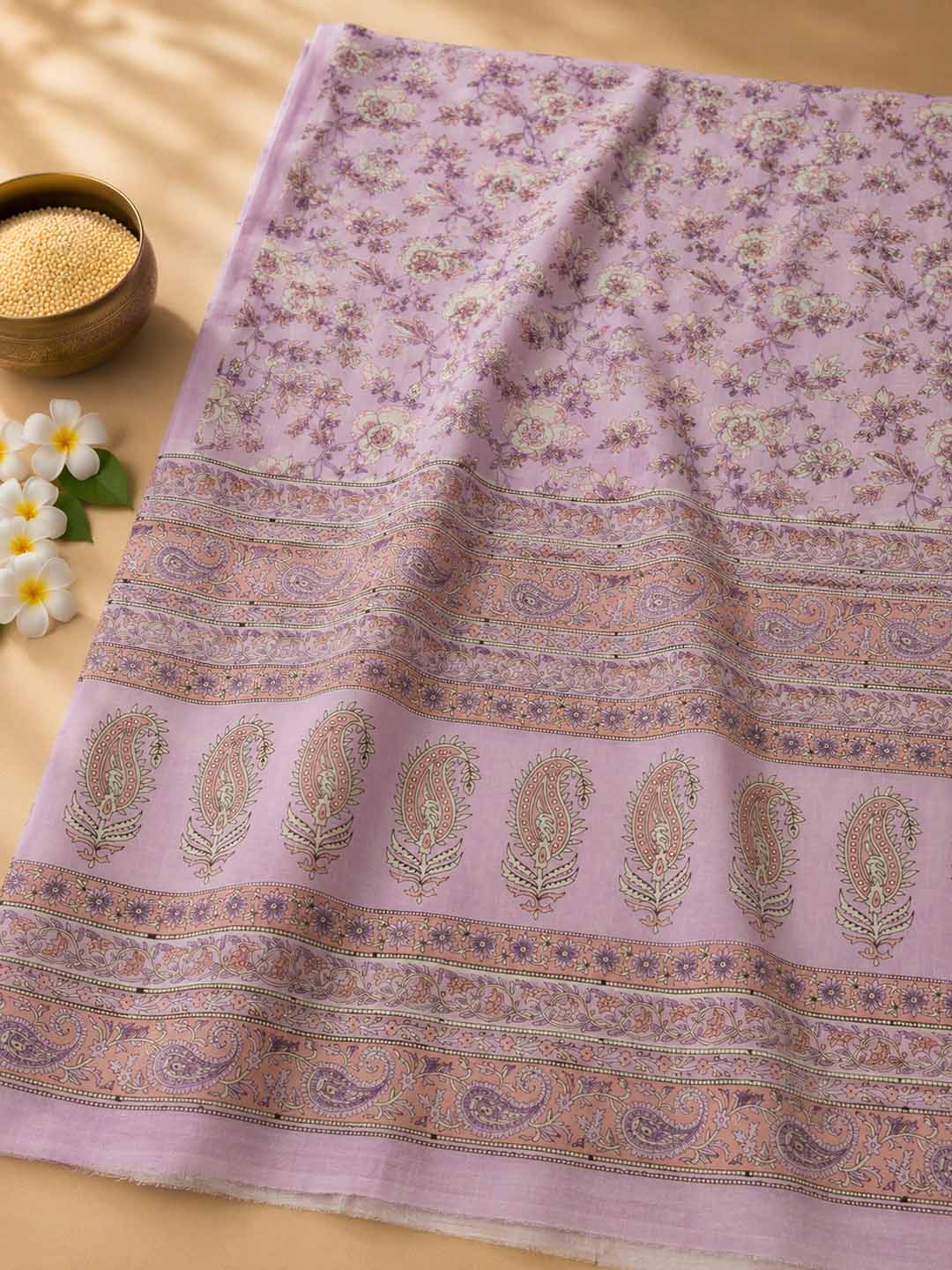Lavender And Floral Black Hand Block Print Cotton Saree