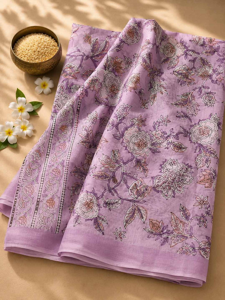 Lavender And Floral Black Hand Block Print Cotton Saree