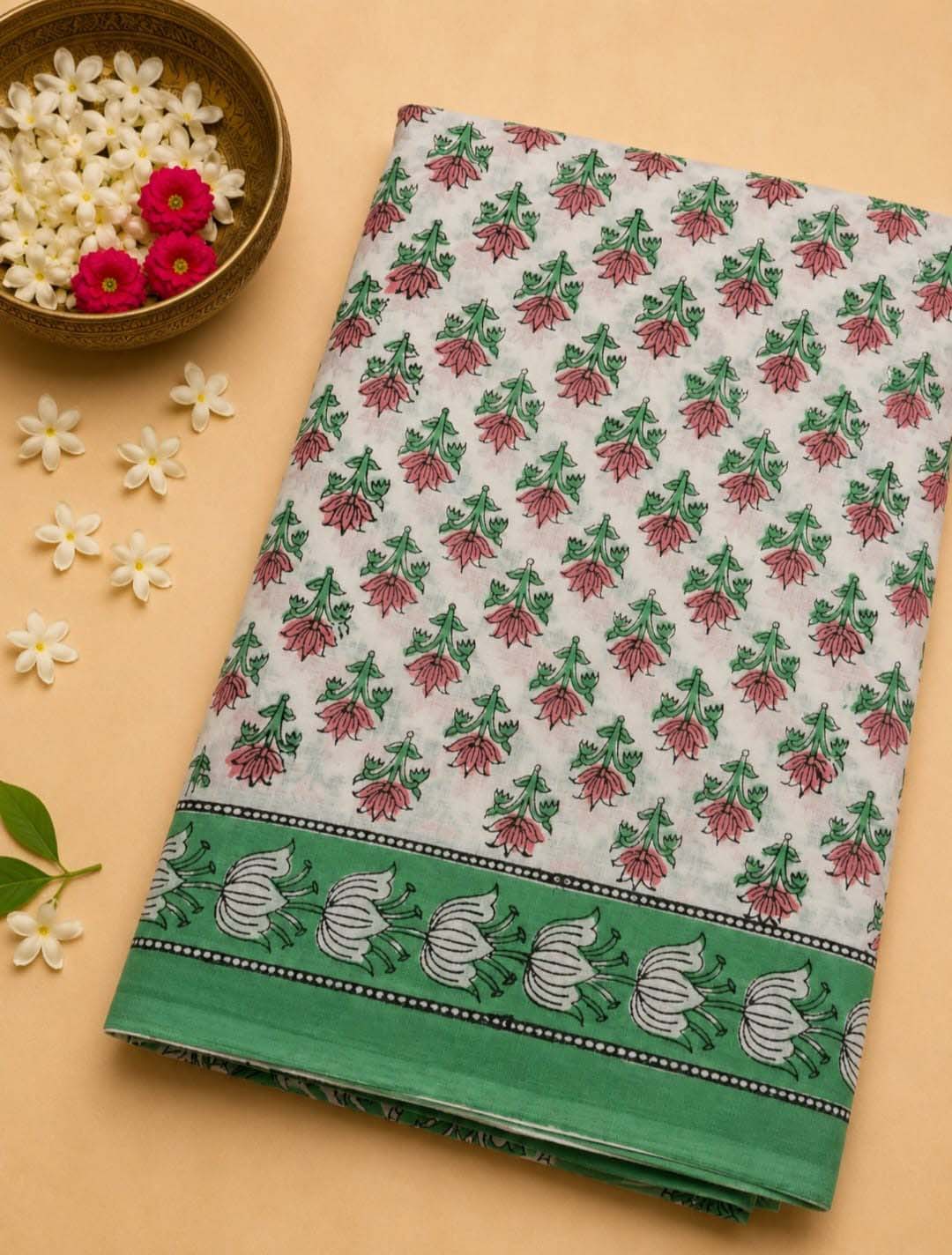 Off-white And Pink Floral Hand Block Print Cotton Saree