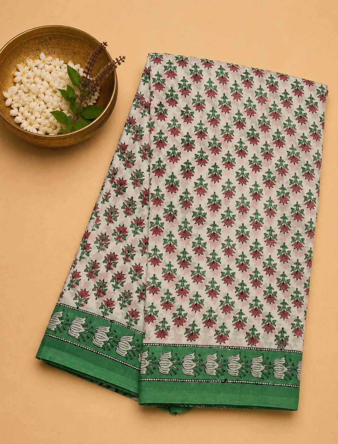 Off-white And Pink Floral Hand Block Print Cotton Saree