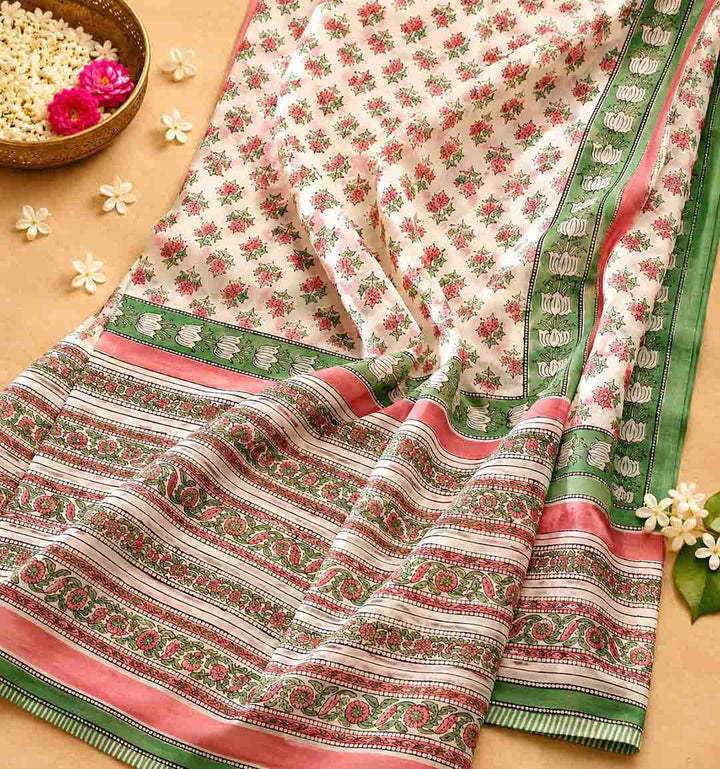 Off-white And Pink Floral Hand Block Print Cotton Saree