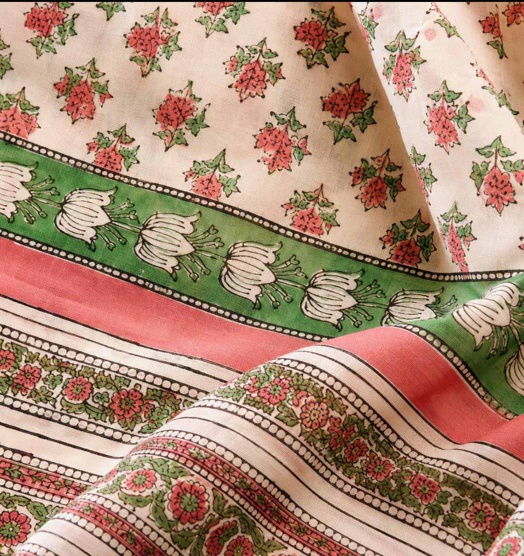 Off-white And Pink Floral Hand Block Print Cotton Saree