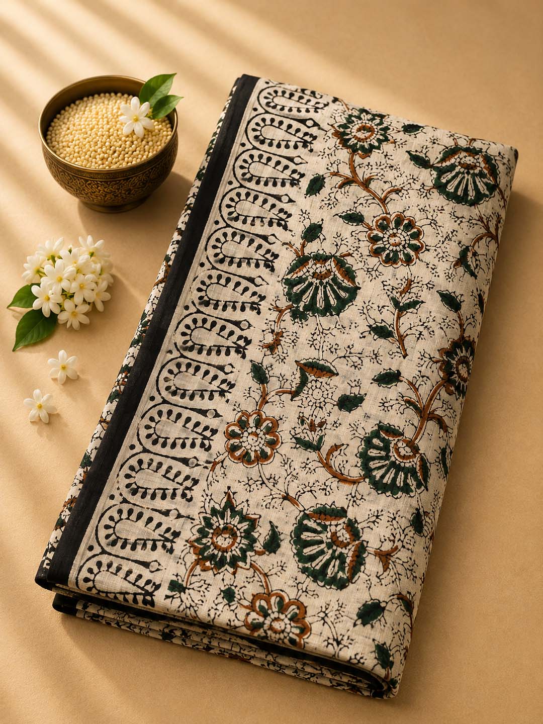 Beige  and Brown Floral Hand Block Print Cotton Saree