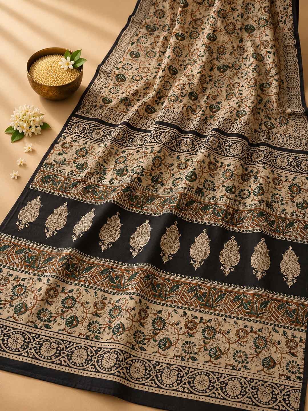 Beige  and Brown Floral Hand Block Print Cotton Saree