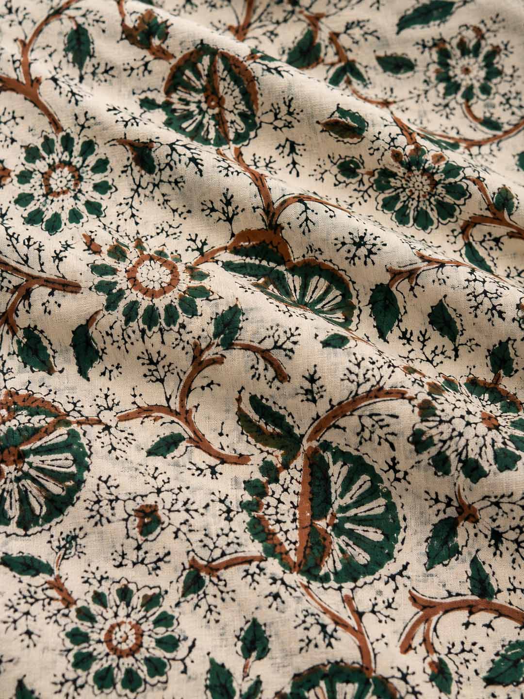 Beige  and Brown Floral Hand Block Print Cotton Saree
