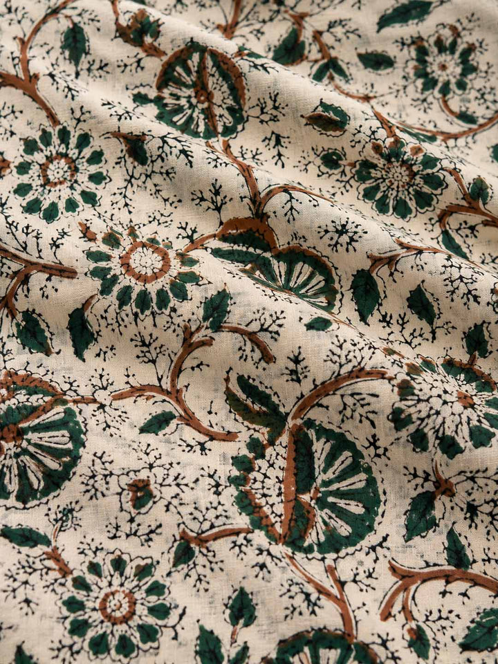 Beige  and Brown Floral Hand Block Print Cotton Saree