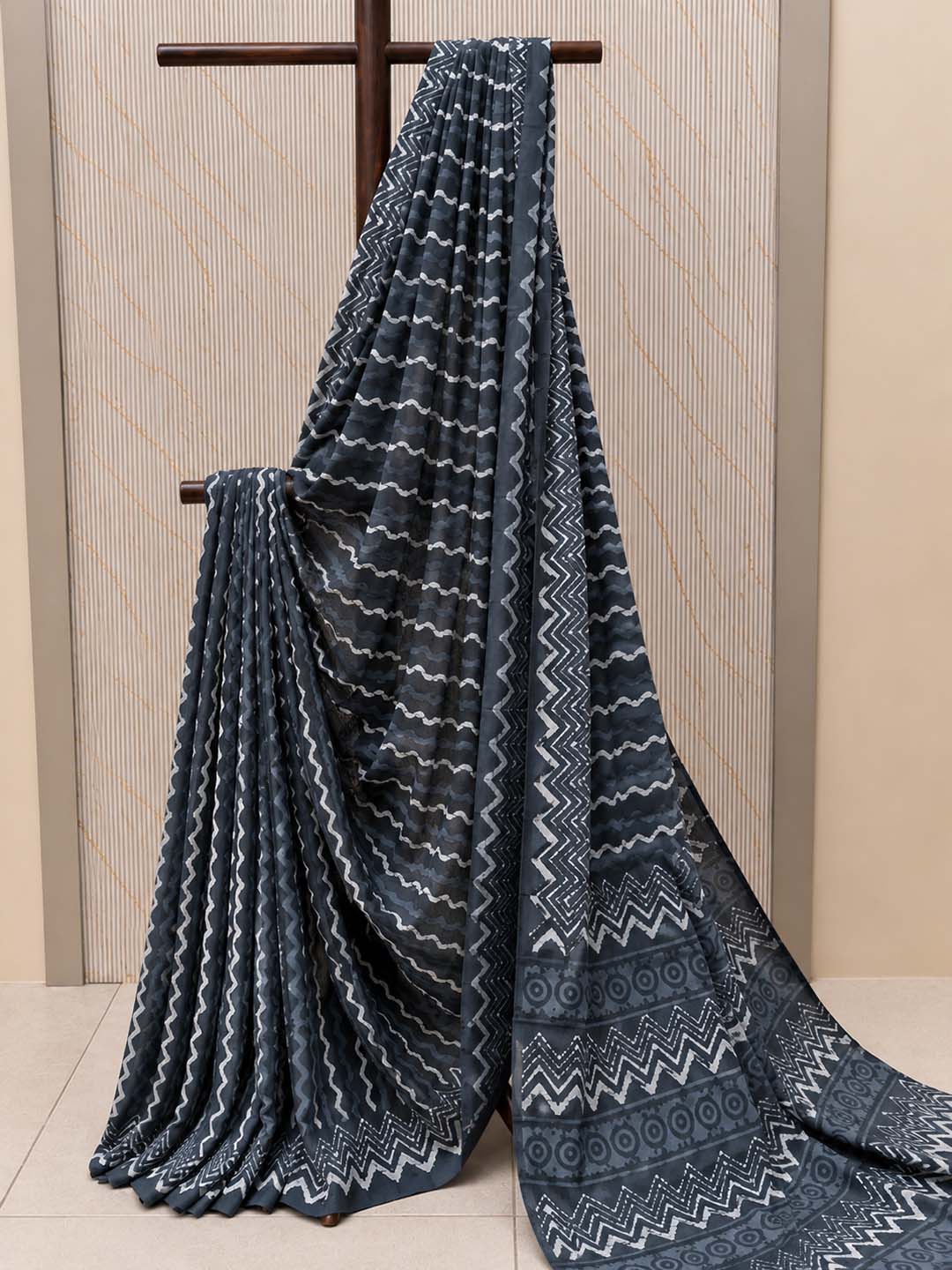 Charcoal Grey and White Hand Block Print Cotton Saree
