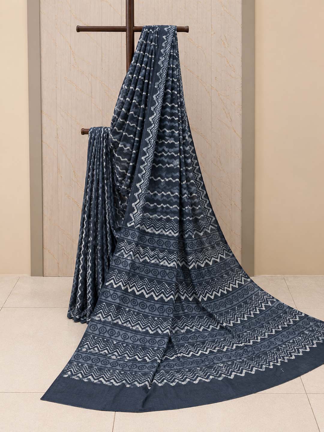 Charcoal Grey and White Hand Block Print Cotton Saree