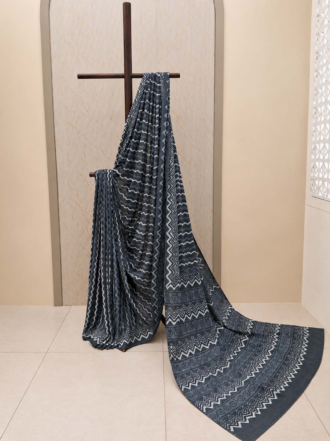 Charcoal Grey and White Hand Block Print Cotton Saree