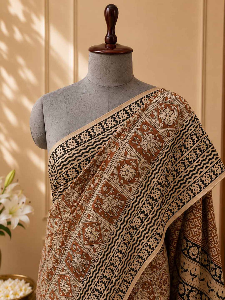 Beige And Brown Floral Print Cotton Saree