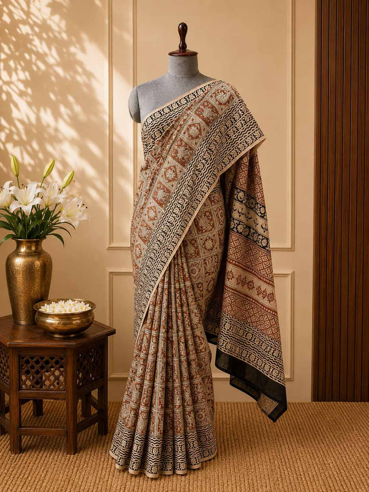 Beige And Brown Floral Print Cotton Saree