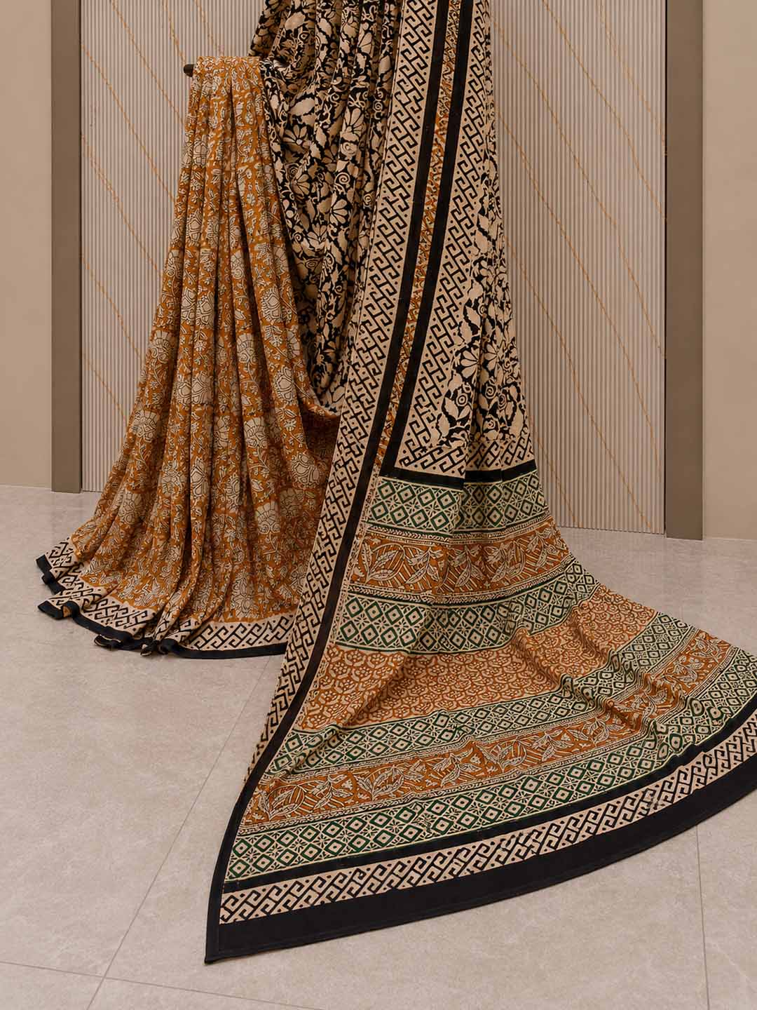 Mustard Yellow And Black Floral Hand Block Print Cotton Saree