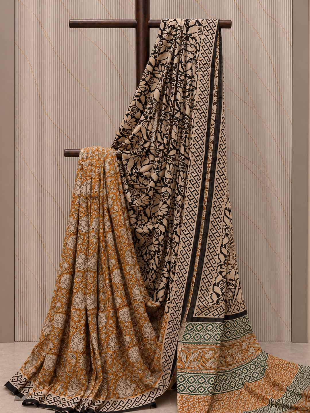 Mustard Yellow And Black Floral Hand Block Print Cotton Saree