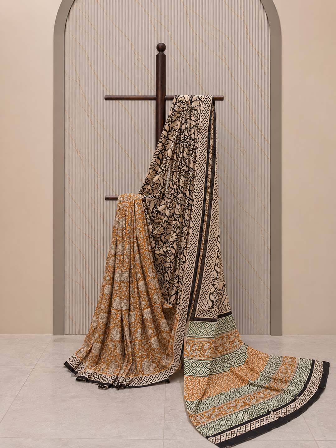Mustard Yellow And Black Floral Hand Block Print Cotton Saree