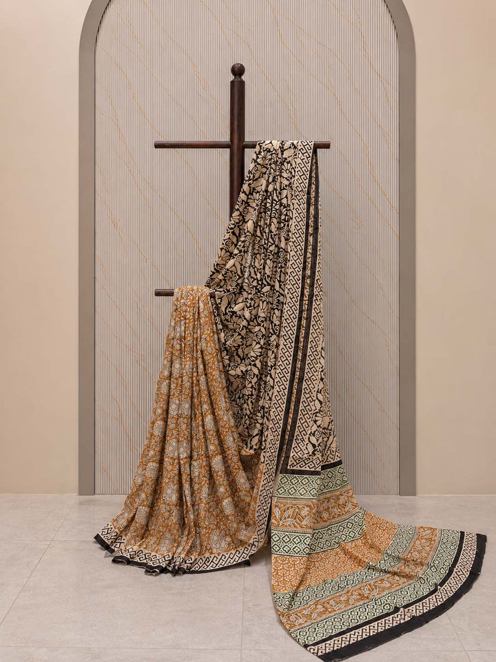 Mustard Yellow And Black Floral Hand Block Print Cotton Saree