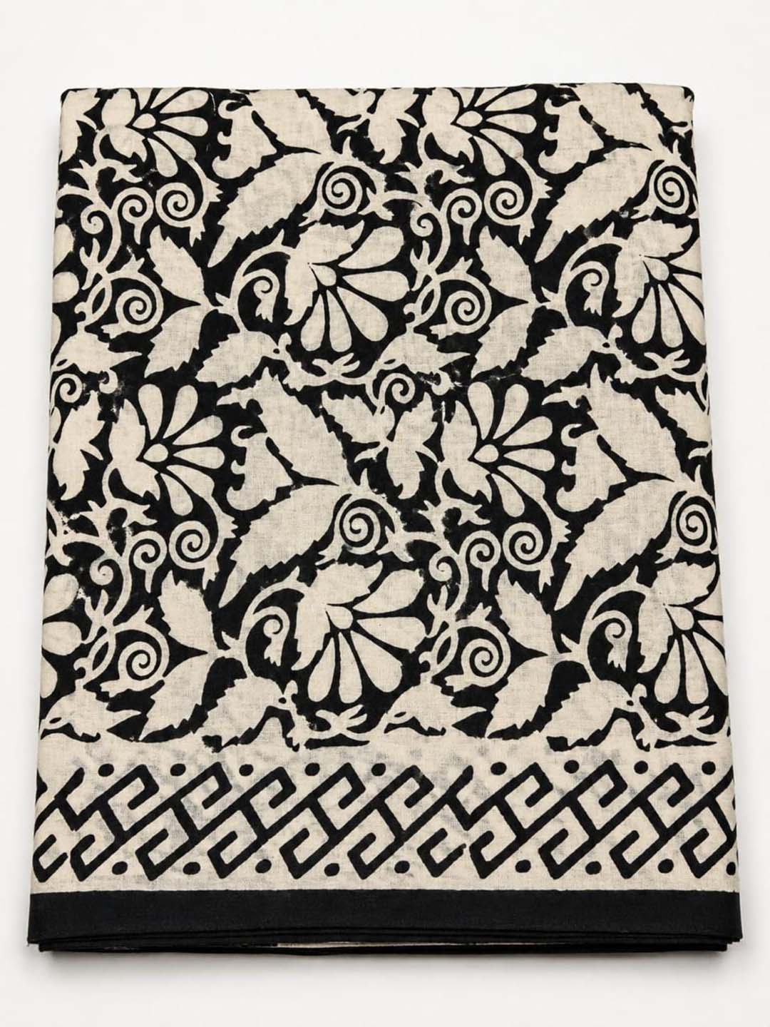 Mustard Yellow And Black Floral Hand Block Print Cotton Saree