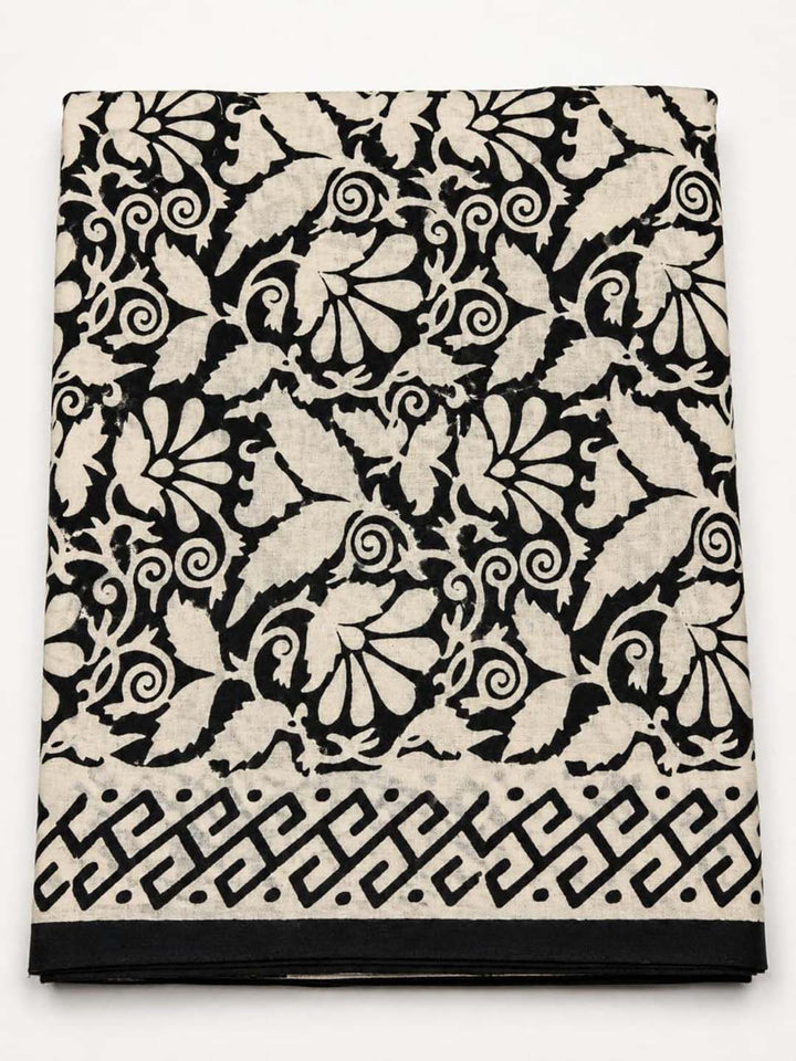 Mustard Yellow And Black Floral Hand Block Print Cotton Saree