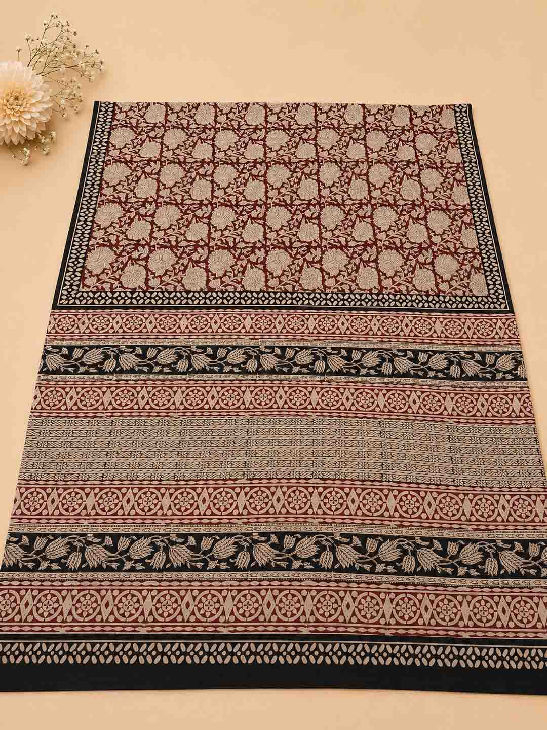 Maroon And Nude Floral Hand Block Print Cotton Saree