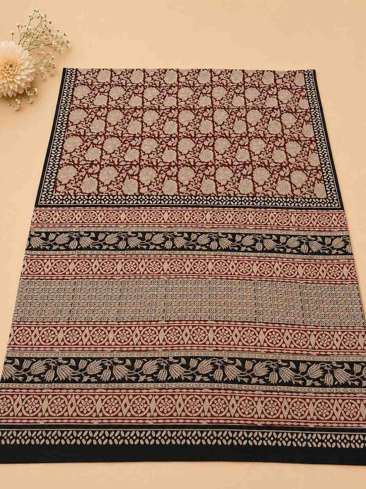 Maroon And Nude Floral Hand Block Print Cotton Saree