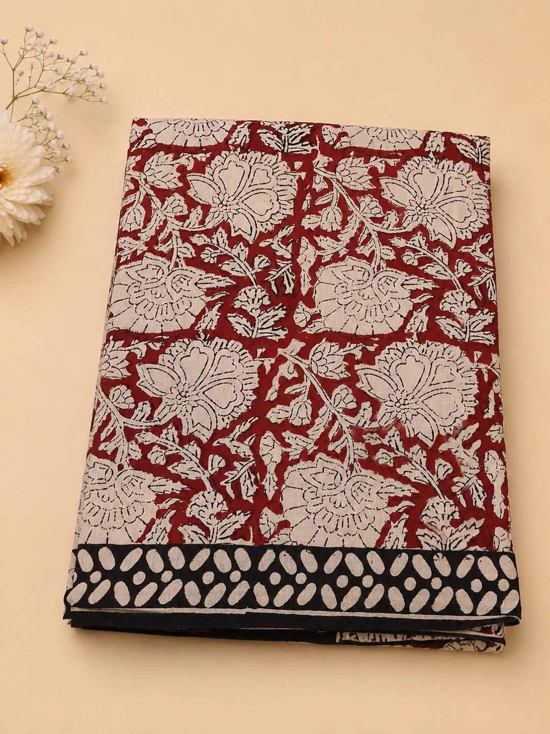 Maroon And Nude Floral Hand Block Print Cotton Saree