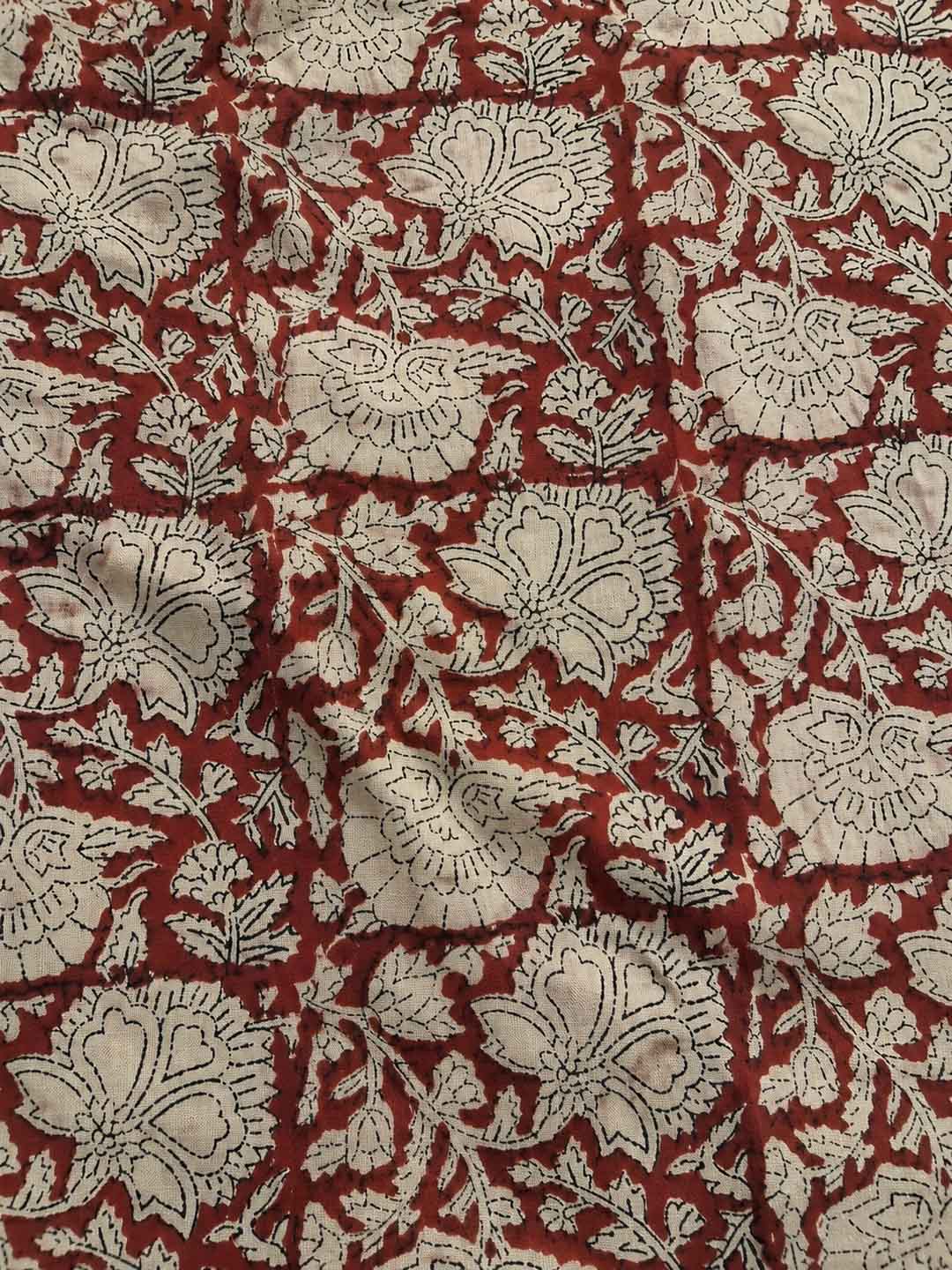 Maroon And Nude Floral Hand Block Print Cotton Saree