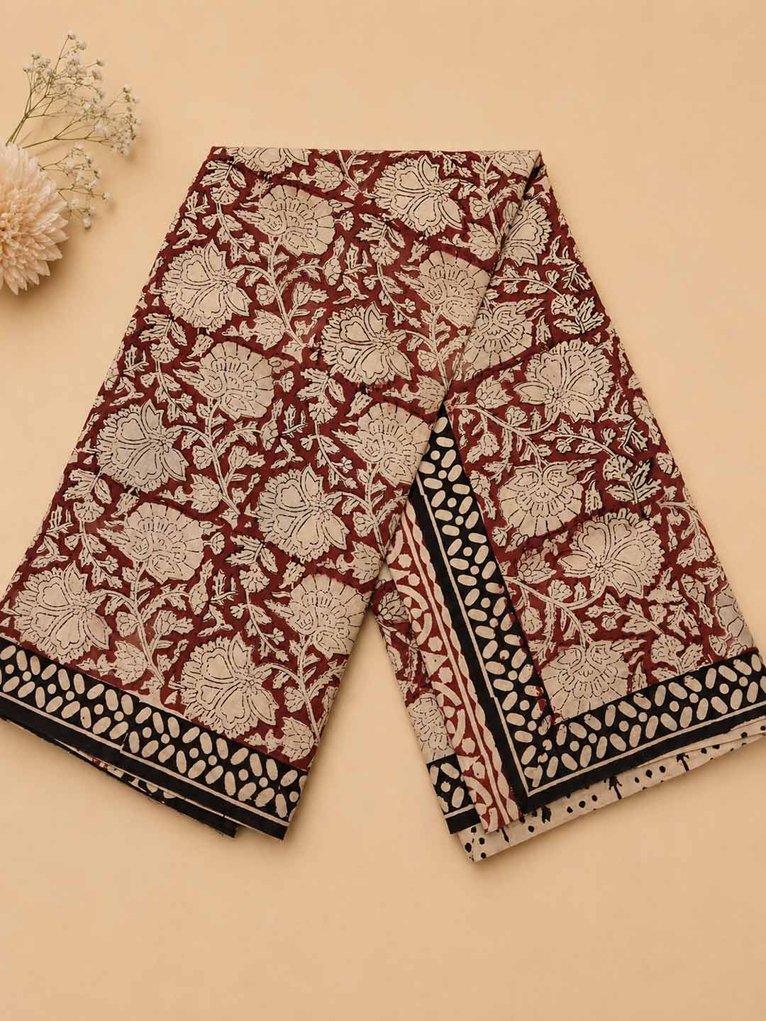 Maroon And Nude Floral Hand Block Print Cotton Saree