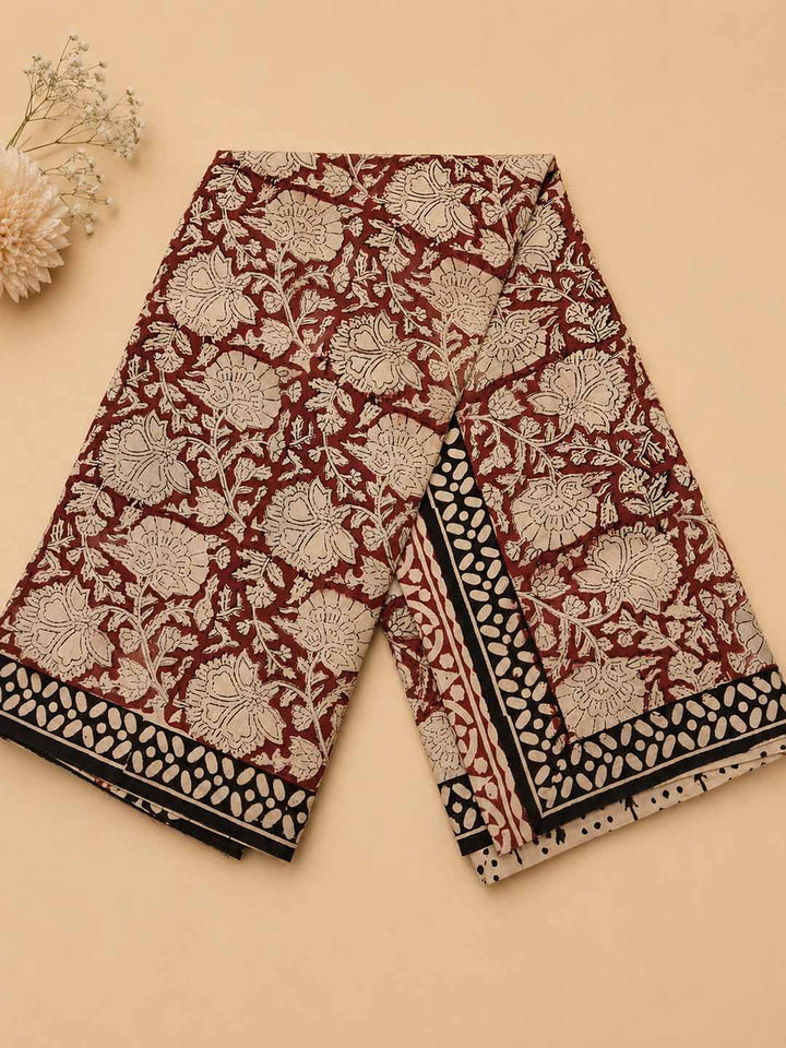 Maroon And Nude Floral Hand Block Print Cotton Saree
