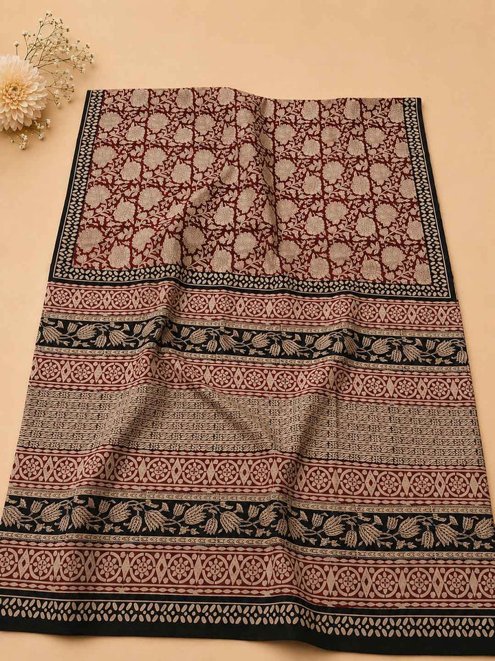 Maroon And Nude Floral Hand Block Print Cotton Saree