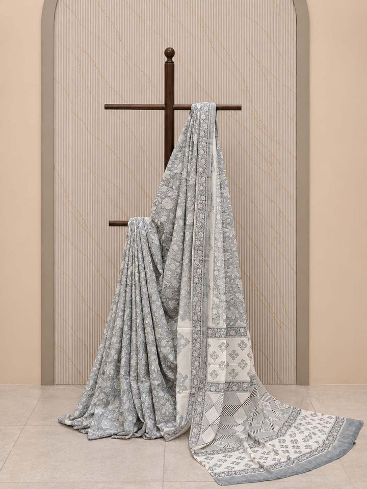 Grey And White Hand Block Print Cotton Saree
