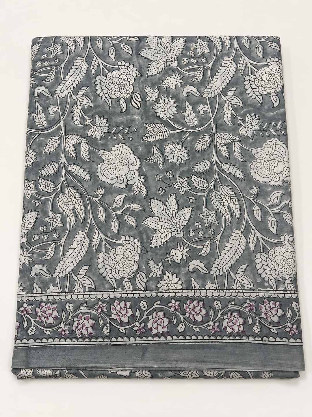 Grey And White Hand Block Print Cotton Saree