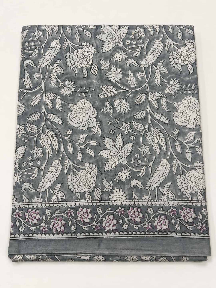 Grey And White Hand Block Print Cotton Saree