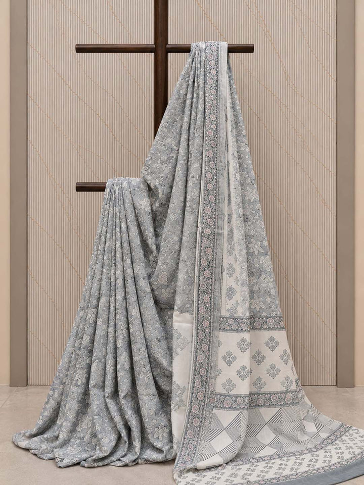 Grey And White Hand Block Print Cotton Saree