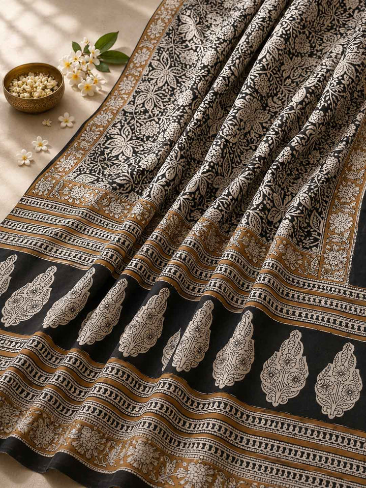 Black And Nude With Honey Yellow Floral Hand Block Print Cotton Saree
