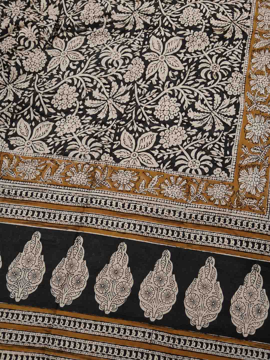 Black And Nude With Honey Yellow Floral Hand Block Print Cotton Saree