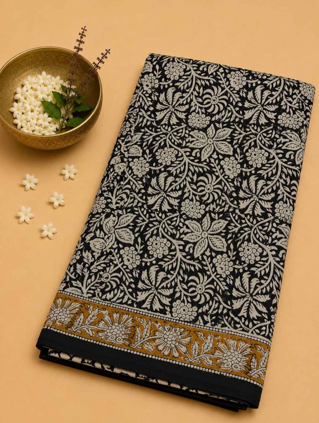 Black And Nude With Honey Yellow Floral Hand Block Print Cotton Saree